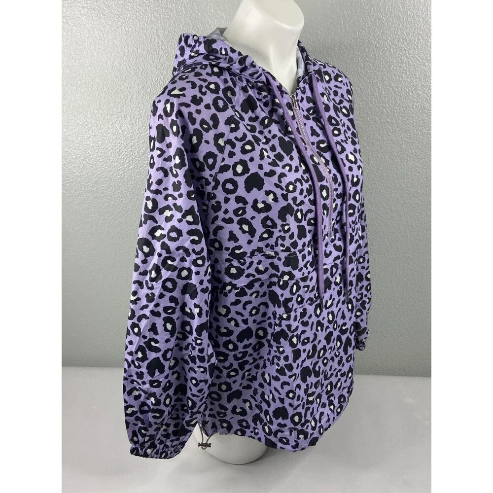 Main Strip Women Small Windbreaker Purple Leopard Print Packable Hooded NWT - Picture 3 of 9
